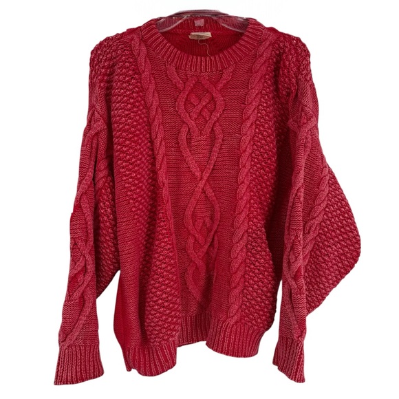 Vintage Sweaters - Cable Knit “ACA”  Sweater Adult M Chunky Cotton Cottagecore Cozy Fisherman Red